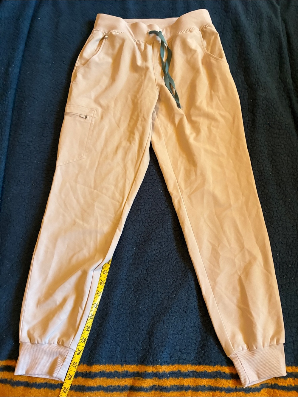Figs Jogger Sweatpants in Light Cream with Teal Drawstring